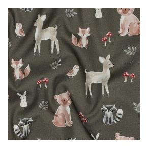 Fine poplin digital Forest Animals, Army green