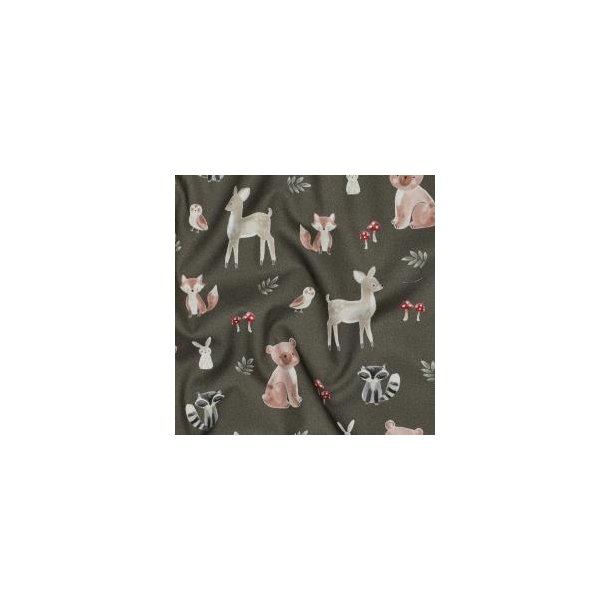 Fine poplin digital Forest Animals, Army green