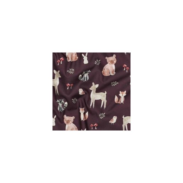 Fine poplin digital Forest Animals, Burgundy