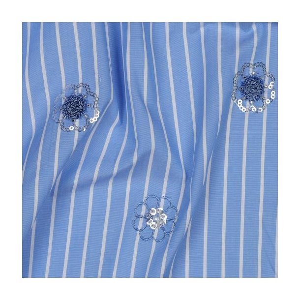 Cotton stripes Sequins Flowers, Blue