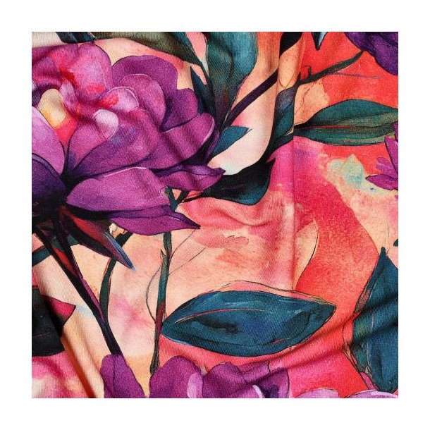 Viscose jersey digital Flowers, Purple