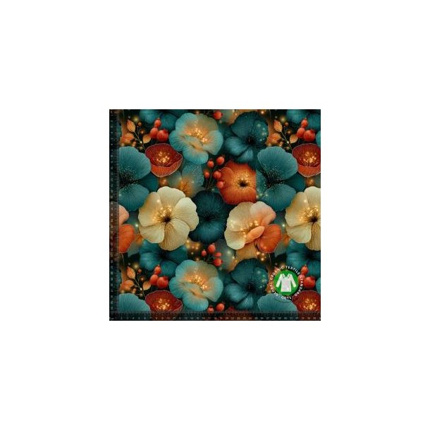 �kotex bomulds jersey, Petrol og orange blomster