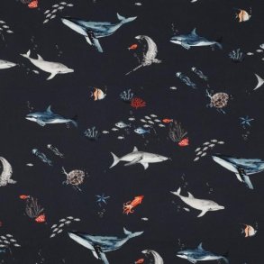 Fine poplin digital Ocean animals, navy