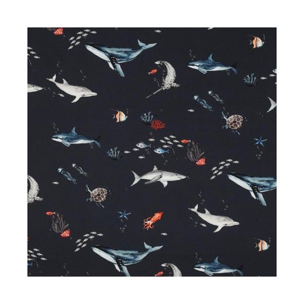 Fine poplin digital Ocean animals, navy