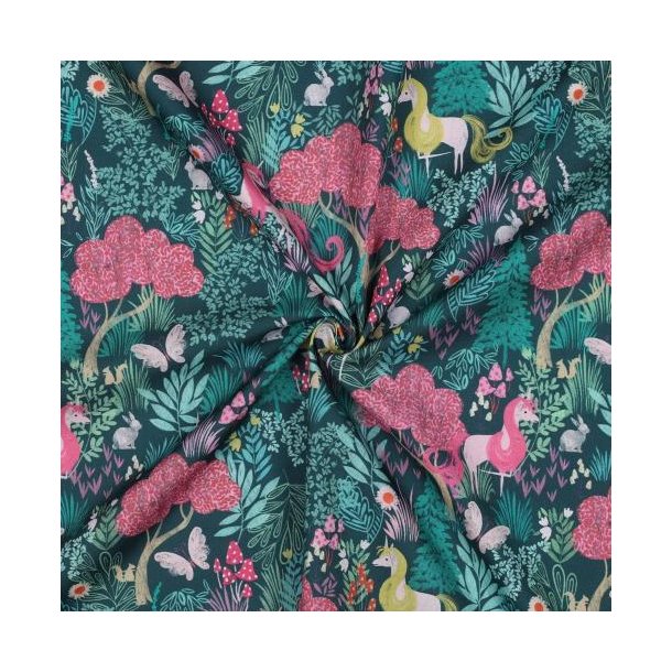 Fine poplin Digital, Unicorns, Dark green
