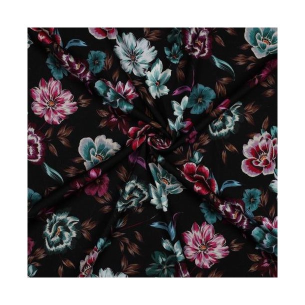 Rosella/viscose stretch Digital Flowers, Black