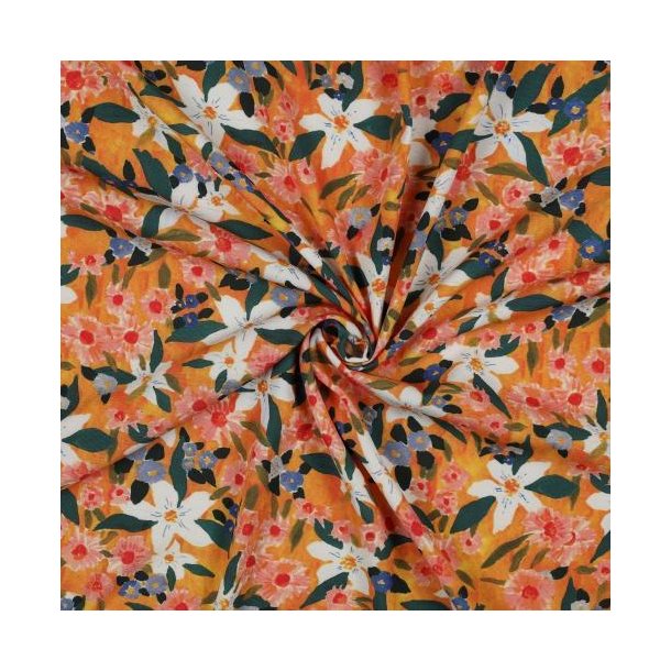 Viscose poplin Stretch Digital Flowers, Orange