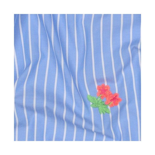 Cotton stripe Embroidery Flowers, Light blue