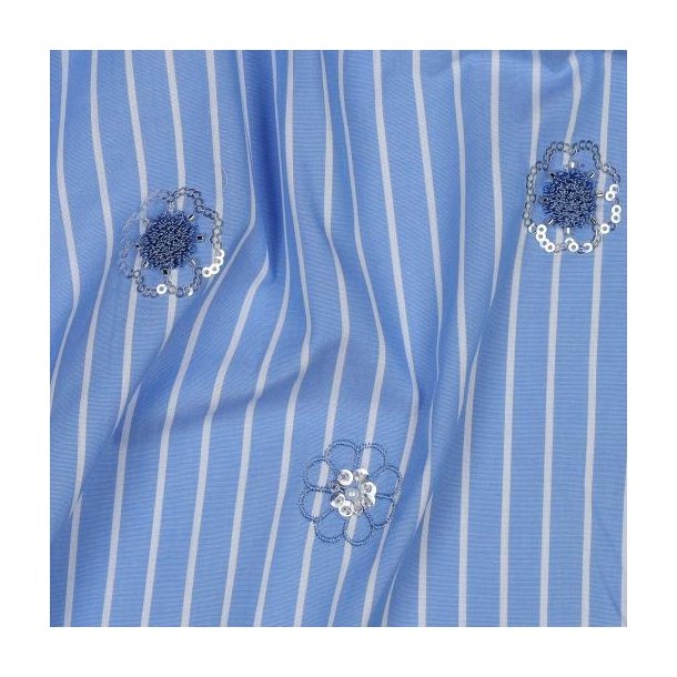Cotton Stripes Sequins Flowers, Blue