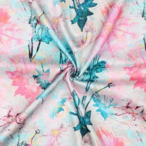 Cotton satin digital Japenese Anemone, Nerida Hansen, Pink/petrol
