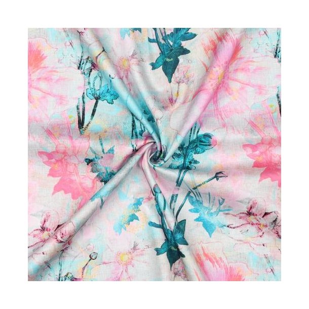 Cotton satin digital Japenese Anemone, Nerida Hansen, Pink/petrol