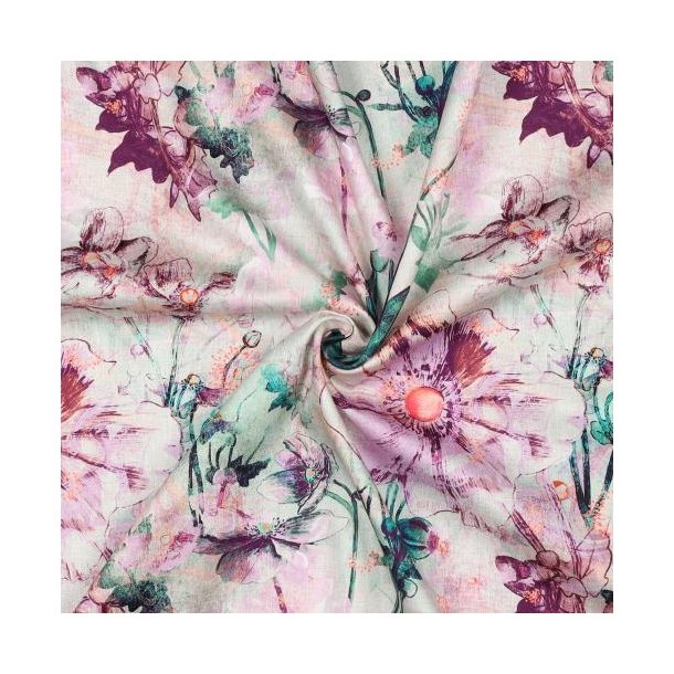 Cotton satin digital Japenese Anemone, Nerida Hansen, Lavender