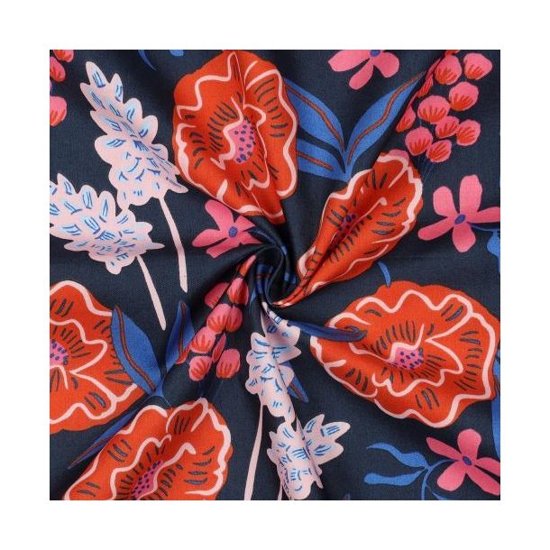 Fine Poplin Fresh Flowers, Nerida Hansen, Navy