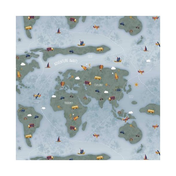 Fine poplin digital Adventure map, Light blue