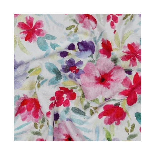 �kotex bomulds jersey digital Aquarel Flowers, White