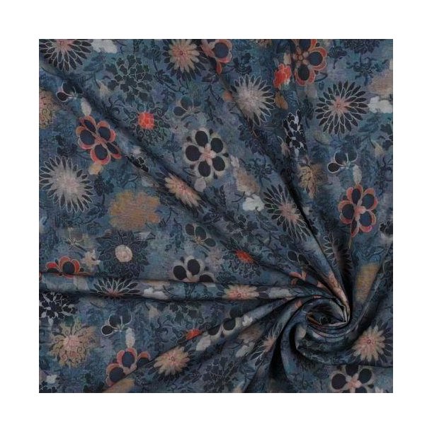 Viscose m/digital floral, Blue shadow