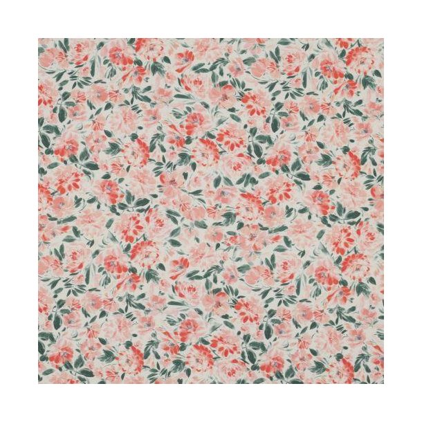 Viscose digital Flowers Ecru/coral