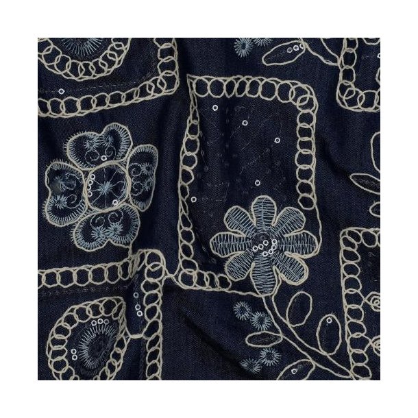 Denim Embroidery Flowers Sequins, Dark blue