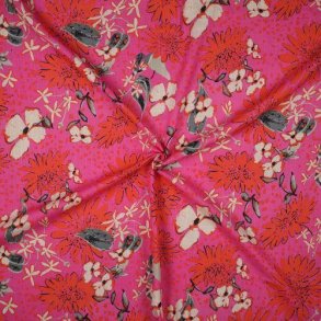 Linen viscose washed Flowers, Magenta