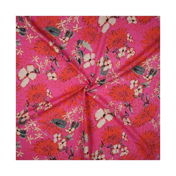 Linen viscose washed Flowers, Magenta