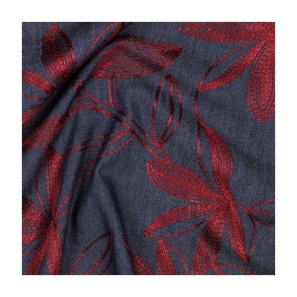 Denim Embroidery Flowers, Burgundy