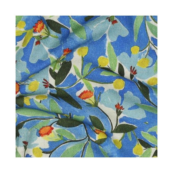 Linen viscose Crepe Digital Flowers, Cobalt