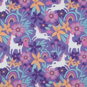 Fine poplin Flowers and Unicorns, Lavender