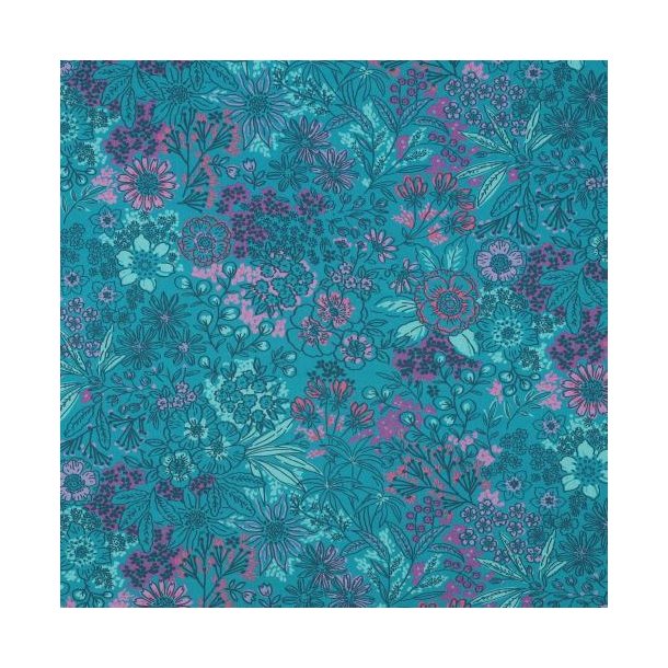 Fine poplin digital Flowers, Petrol