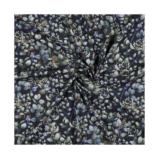 Viscose poplin stretch digital Leaves, Navy