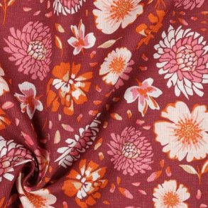 Linen viscose washed Flowers, Dark coral