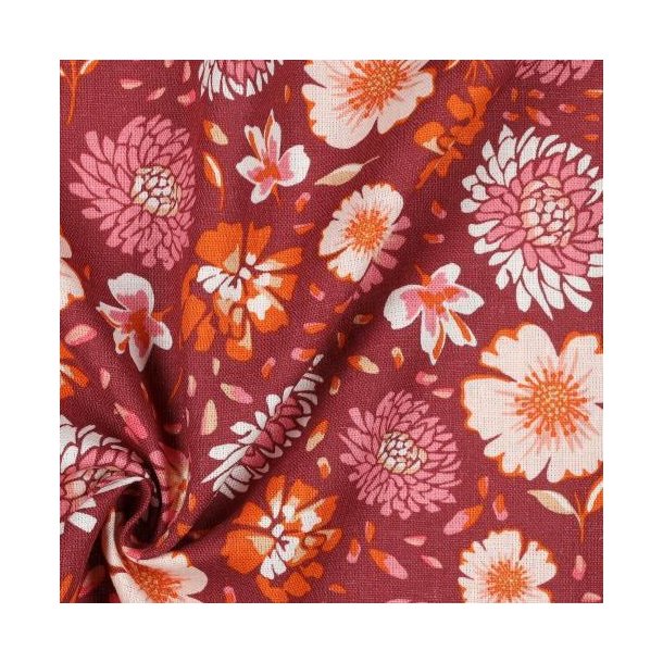 Linen viscose washed Flowers, Dark coral