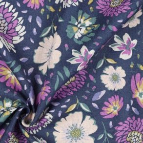 Linen viscose washed Flowers, Marine