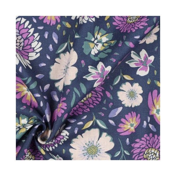 Linen viscose washed Flowers, Marine