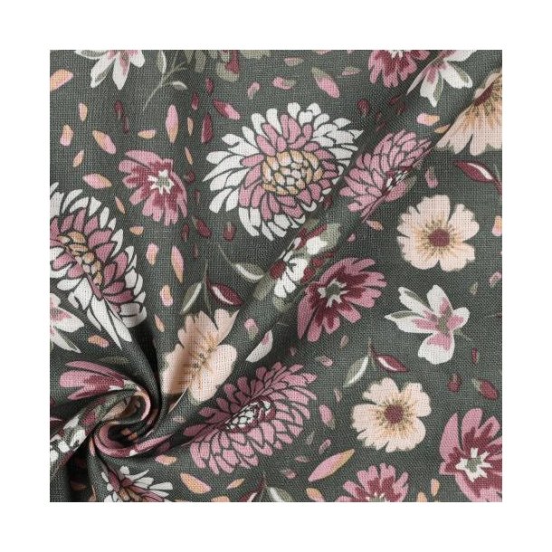 Linen viscose washed Flowers, Seaweed