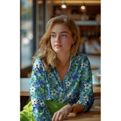 Viscose satin Digital Flowers, Navy