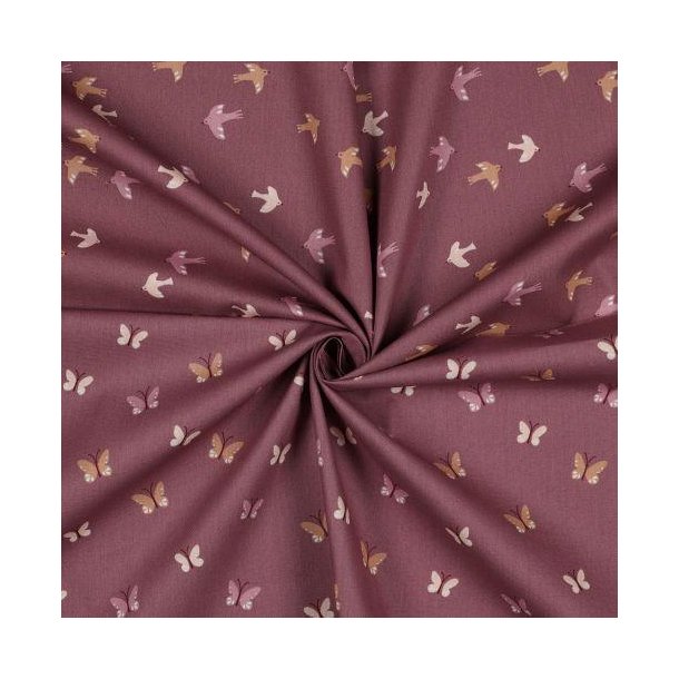 Bomuld/Poplin Gots Birds og Butterflies, Wine Red
