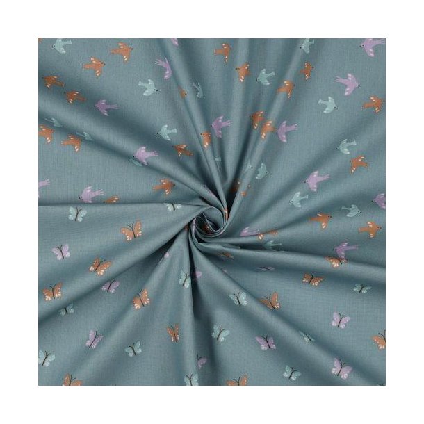 Bomuld/poplin Gots Birds og Butterflies, Dark mint