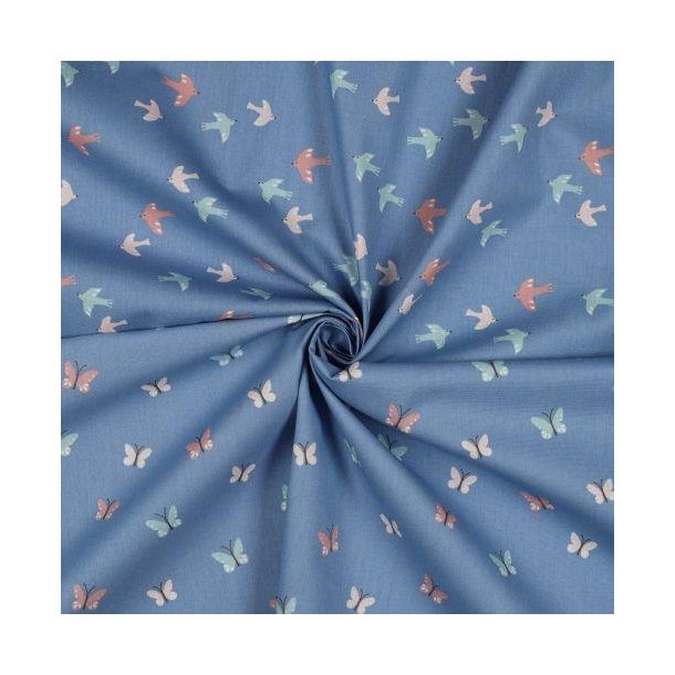Bomuld/poplin Gots Birds og Butterflies, Blue