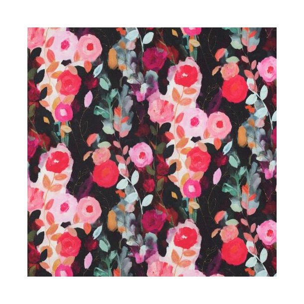 Viscose satin digital Flowers, Black