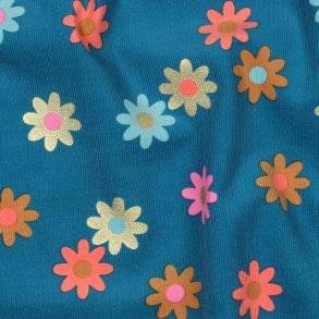 Babycord foil Flowers, Petrol