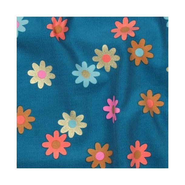 Babycord foil Flowers, Petrol