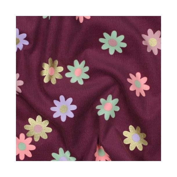 Babycord foil Flowers, Bordeaux