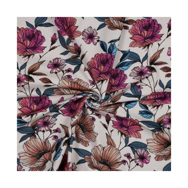 �kotex bomulds jersey Big Flowers, Ecru