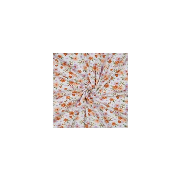 Gots bomulds jersey Flowers, White