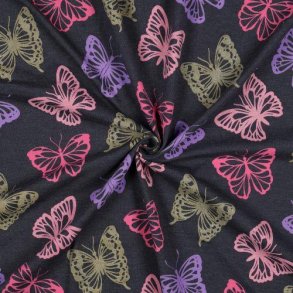 Jersey melange glitter Butterflies, Indigo 