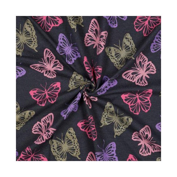 Jersey melange glitter Butterflies, Indigo 