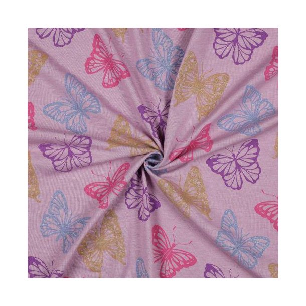 Jersey melange glitter Butterflies, Lilac