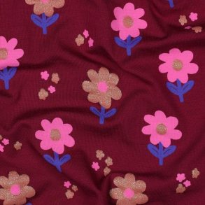 �kotex bomulds jersey Glitter Flowers, Bordeaux
