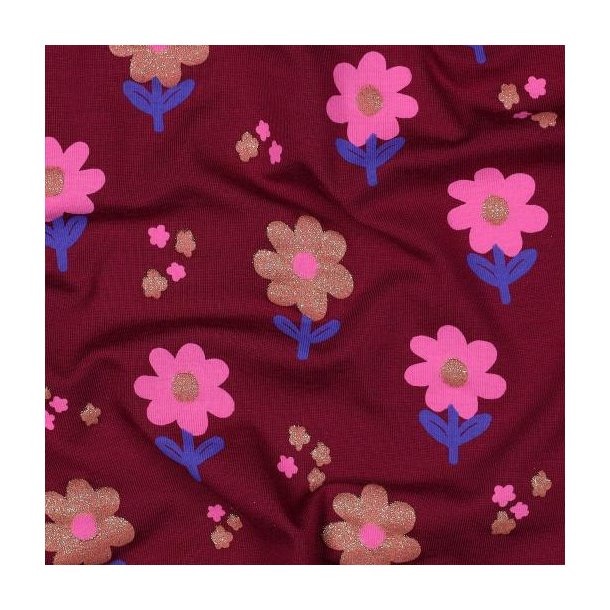 �kotex bomulds jersey Glitter Flowers, Bordeaux