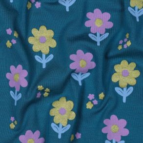 �kotex bomulds jersey Glitter Flowers, Petrol